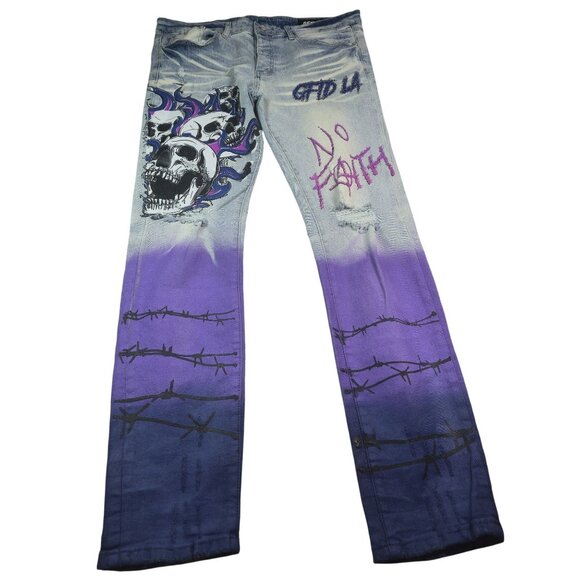 Mens GFTD Los Angeles Distressed Blue Purple Gradient Skull Graphics No Faith Je - Picture 9 of 10